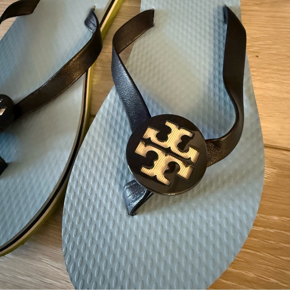 Tory Burch Minnie Flip Flop Napa Leather Black Blue White Shoe Sandal Slip on 7 - Picture 5 of 11